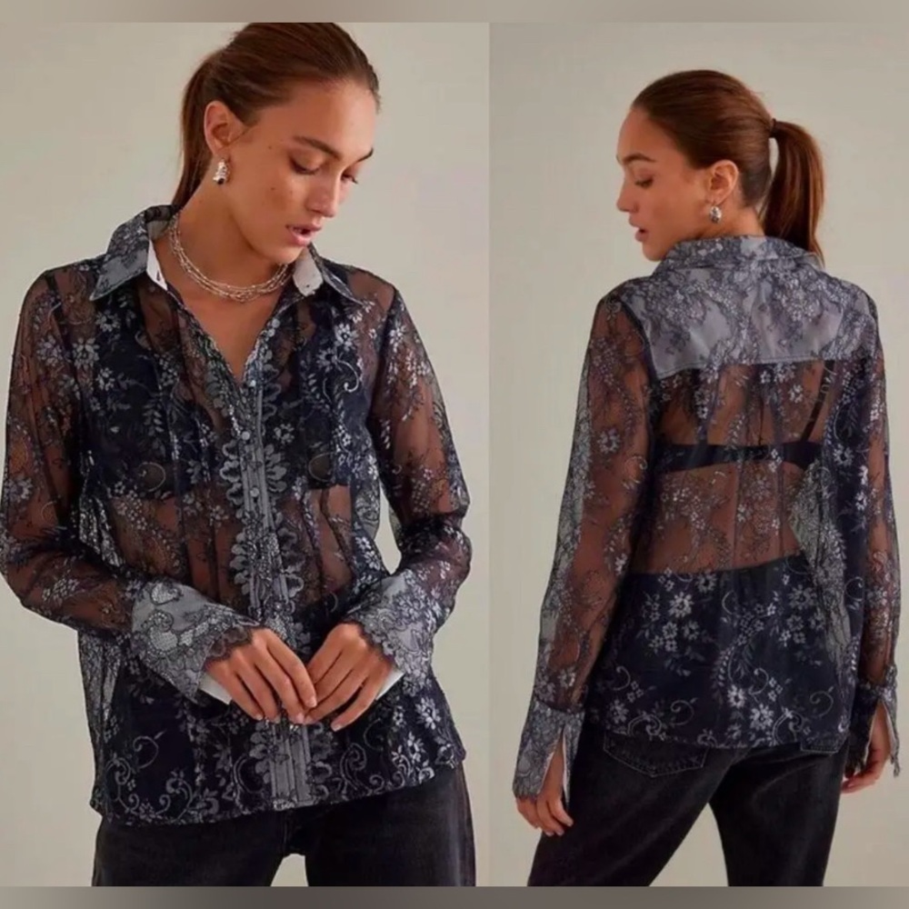 Anthropologie Maeve Sheer Long-Sleeve Foil Floral
Lace Shirt